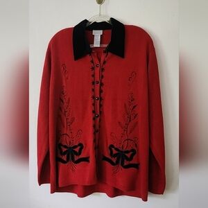 Velvet Trim Cardigan Sweater Bow Embroidered Festive Party Coquette Christmas 1X